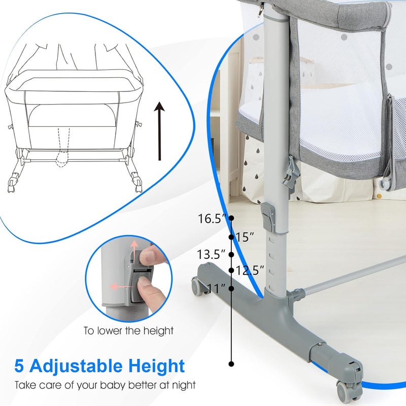 INFANS 3 in 1 Baby Bassinet, Bedside Sleeper for Newborn, Folding Crib with Mattress, Travel Bag, Wheels, 4-Sided Mesh, Easy to Assemble Cradle Co Sleeper Stationary, Rock (Light Grey) - Image 4